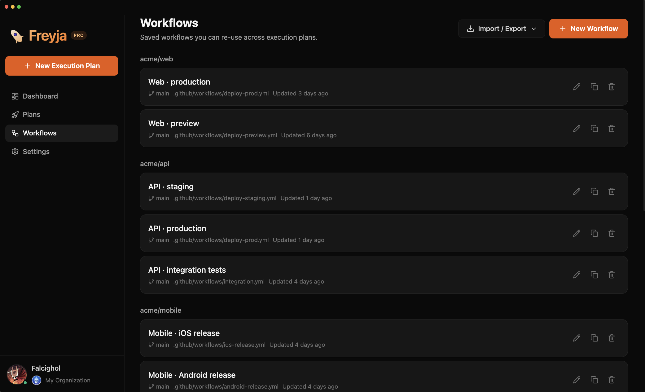 Saved Workflows page